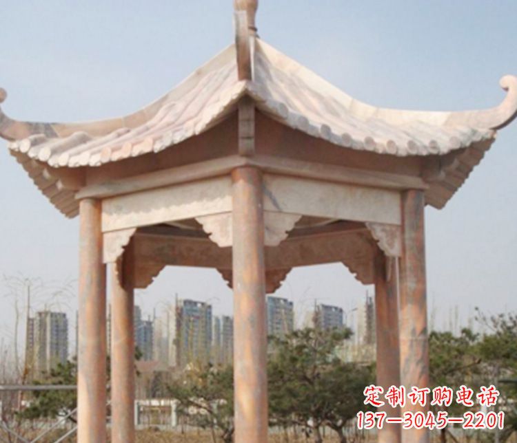 温州园林晚霞红六角石凉亭景观石雕