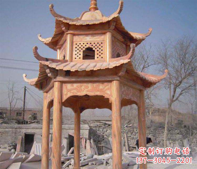 温州园林晚霞红石凉亭景观石雕
