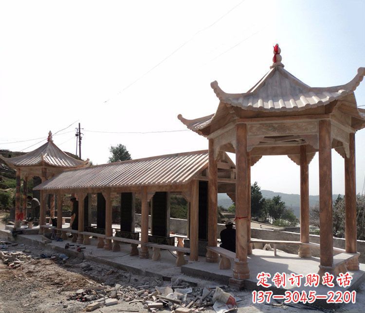 温州园林晚霞红长廊凉亭景观石雕