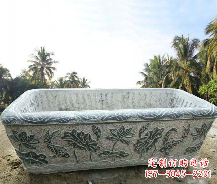 温州长方形连年有余荷花浮雕石水缸