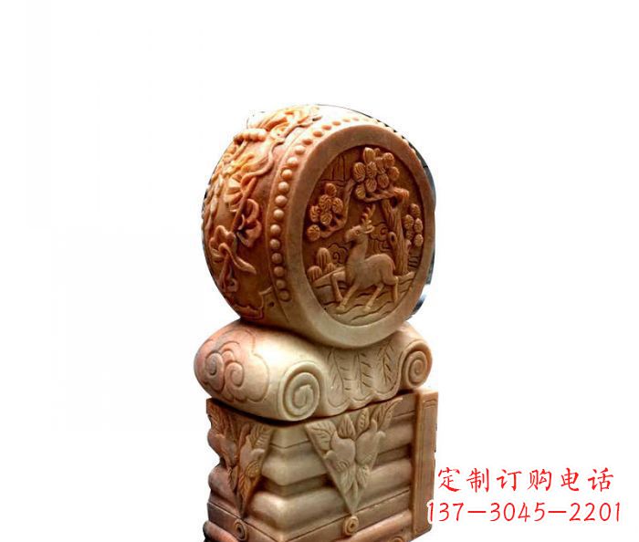 温州招财石门墩晚霞红抱鼓石