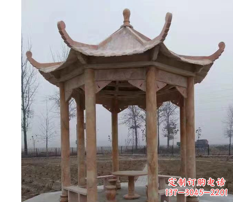 温州公园晚霞红八角石雕凉亭