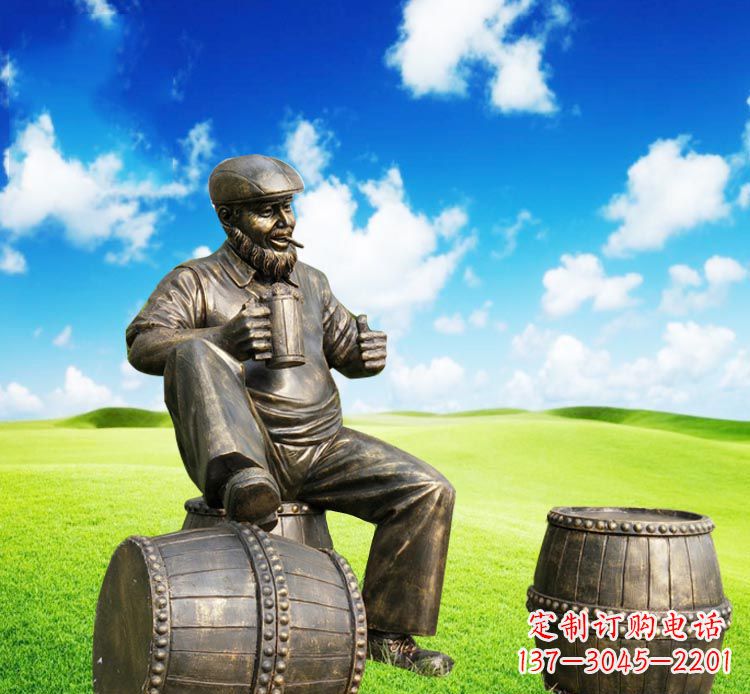 温州坐酒桶喝啤酒的西方人物铜雕