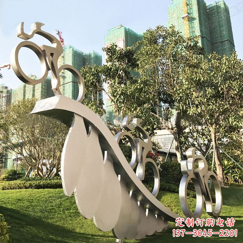 温州自行车雕塑-抽象不锈钢骑自行车人物景观雕塑