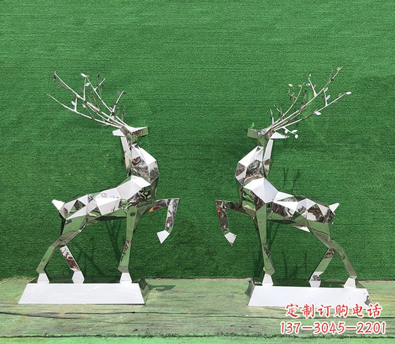 温州梅花鹿雕塑-公园两只不锈钢镜面梅花鹿雕塑