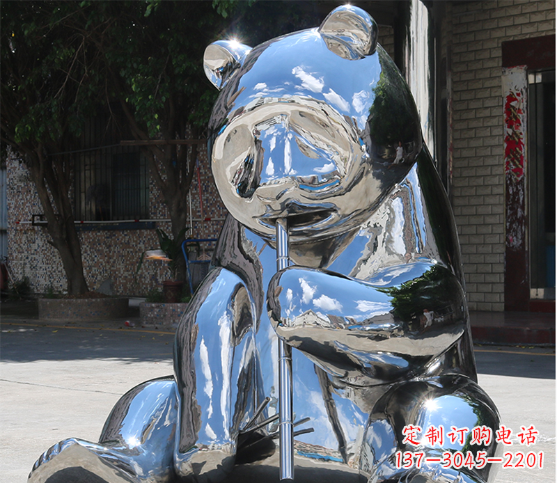 温州熊猫雕塑-适用于广场花园景观镜面不锈钢熊猫雕塑