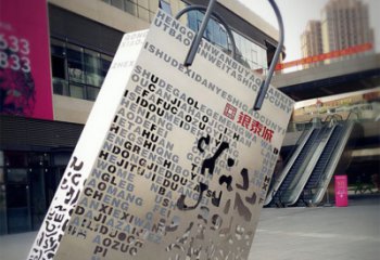 温州购物袋雕塑-步行街室外锻造刻字不锈钢购物袋雕塑